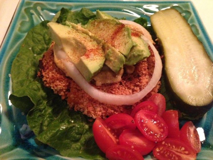 Add a pickle, a side of tomatoes. A leaf of romaine, avocado, onion, Dijon mustard and you have a recipe for mouth watering goodness. You can serve without or without a bun. I like to serve on a slice of Ezekiel bread toasted. 