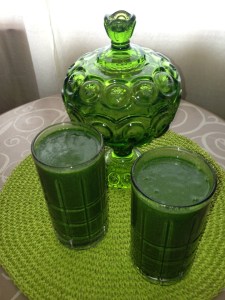 Green Smoothies (Baby kale, spirulina powder, mango, strawberries, chia seeds, and water) with a vintage covered glass dish that I bought at a thrift store for $3. 