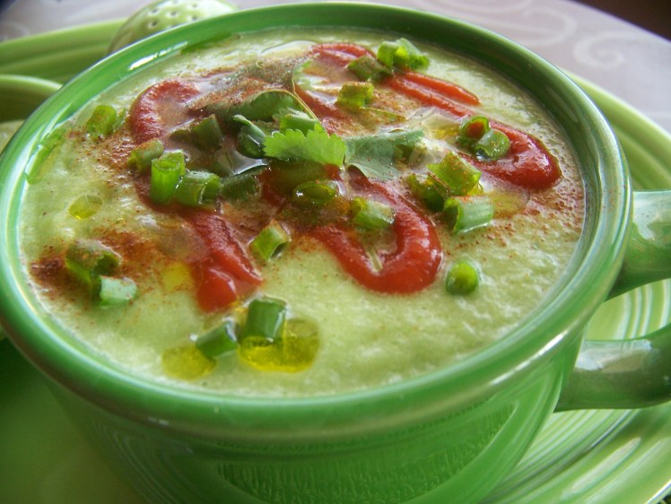 To finish, I drizzled with extra virgin olive oil, sprinkled with green onion, cilantro, and for my friend Jessica ~ added a spicy kick with Sriracha sauce! 