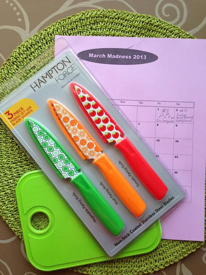 My March Madness Challenge #10: Fun & funky paring knives and an electric green cutting board. I can't wait to use them to cut up fruit and vegetables for snacks, salads, and smoothies!