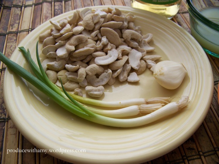 I buy raw cashews in the bulk section of our local co-op. If you don't have a high powered blender, I recommend soaking the nuts in water for at least a half hour.