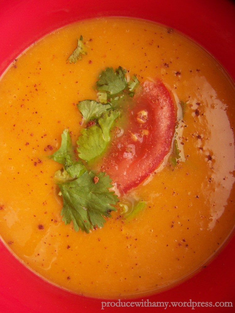 Soup is on. Since I did not have the toasted coconut or lime zest I garnished with a thin slice of tomato and nutmeg.