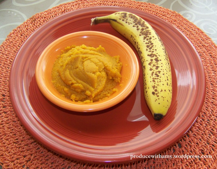 When my bananas get extra ripe, I peel and toss in a bag or bowl in the freezer. This is canned pumpkin but this fall I will be baking and freezing fresh pumpkin.