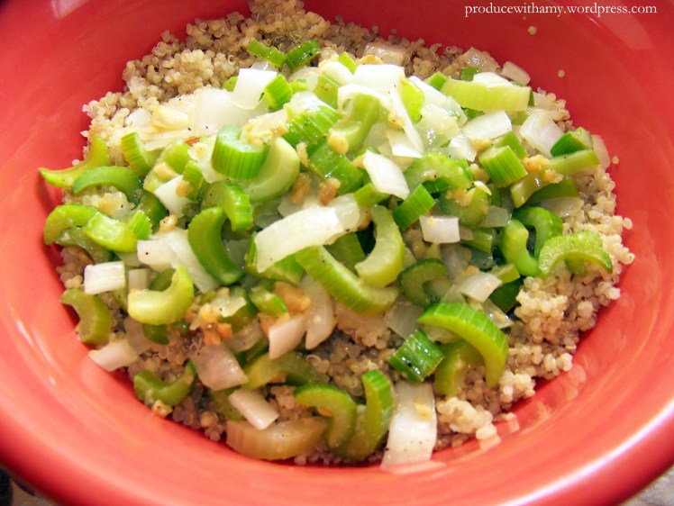 Add sauteed vegetables to the bowl of quinoa