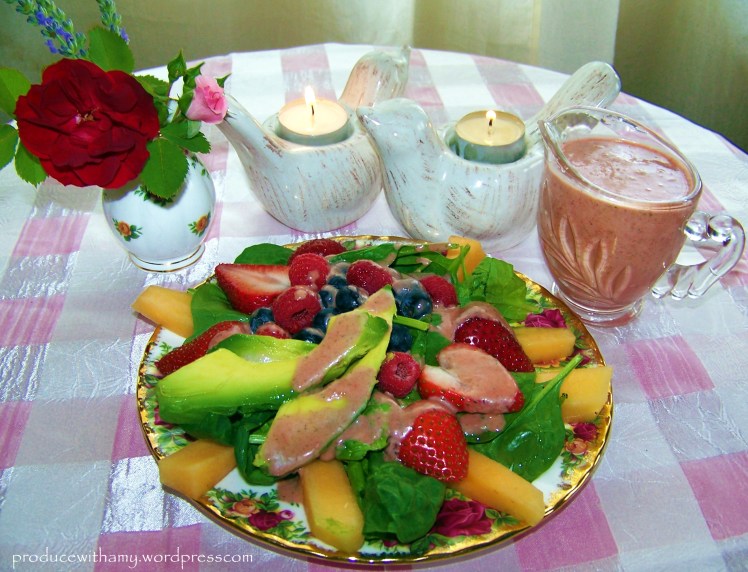 My salad: Spinach, Avocado, Cantaloupe, Strawberries, Blueberries, and Raspberries. 