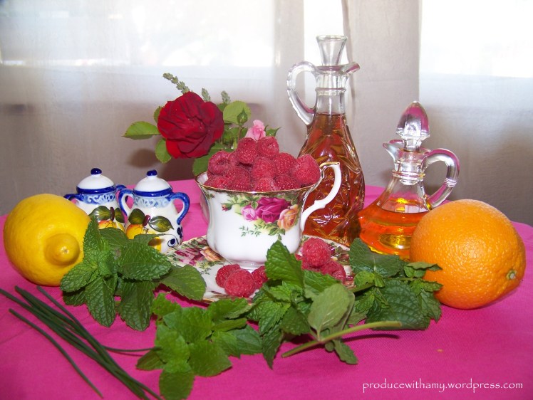 Raspberry Mint Vinaigrette: Raspberries, Mint, White Balsamic Vinegar, Extra Virgin Olive Oil, Juice of 1/2 a Lemon, Juice of 1/2 an Orange, Chives, and Salt and Pepper. 