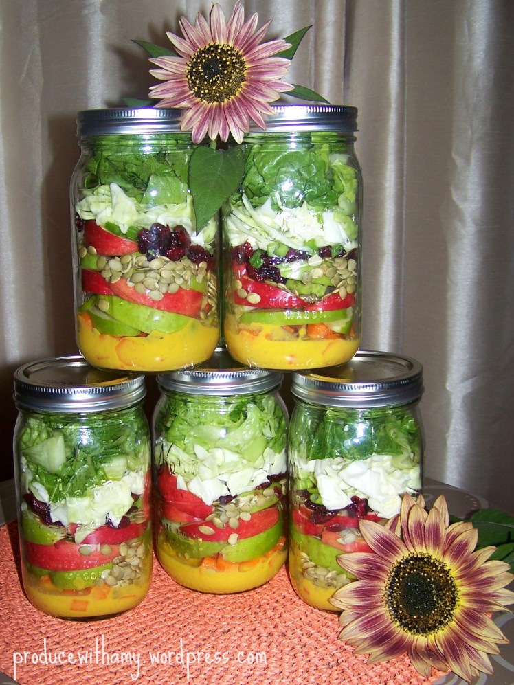Sweet and Savory ingredients make these Apple-a-Day Mason Jar Salads with Pumpkin Vinaigrette Dressing a seasonal hit!