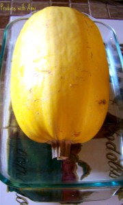 Pierce the squash with a knife or fork and add about an inch of water to a baking dish. 