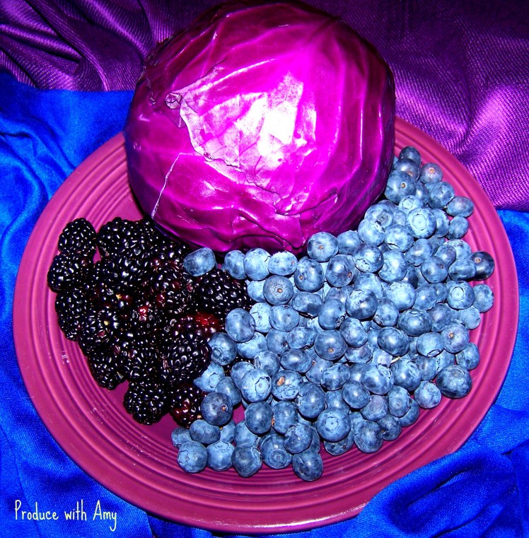 Purple cabbage, blackberries, and blueberries