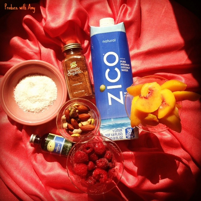 Ingredients for Peach & Raspberry Cobbler Shake by Produce with Amy
