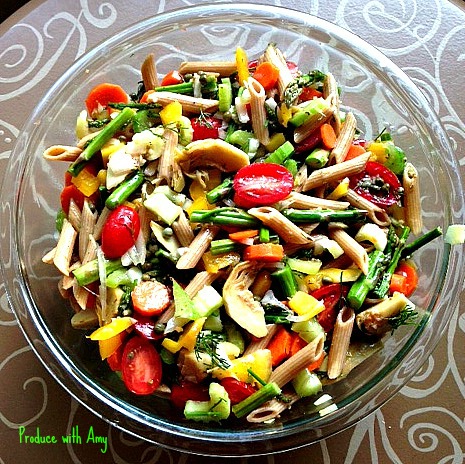Vegetable Filled Pasta Salad with Artichoke Hearts, Capers, and Dill by Produce with Amy
