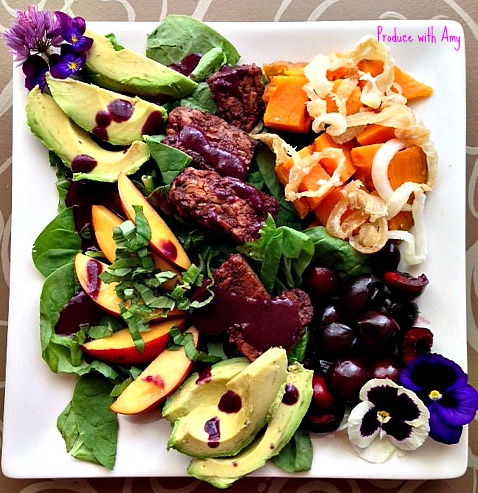 Cherry BBQ Salad with Sweet Potatoes, Avocado, and Nectarines