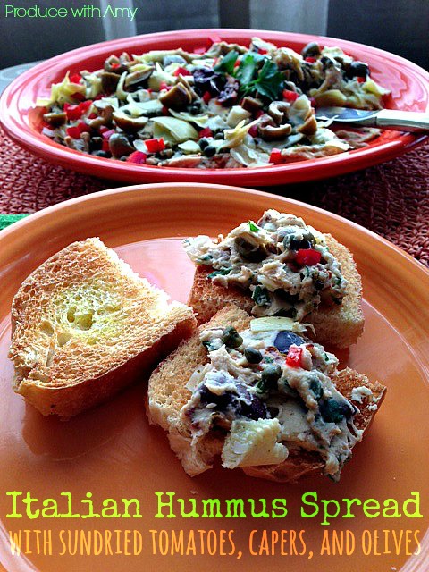 Italian Hummus Spread with Sundried Tomatoes, Capers, and Olives by Produce with Amy
